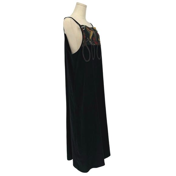 Vintage 1990s KOOS Maxi Dress Apron Stle Embroidered Black Size L Cottage - Picture 3 of 6
